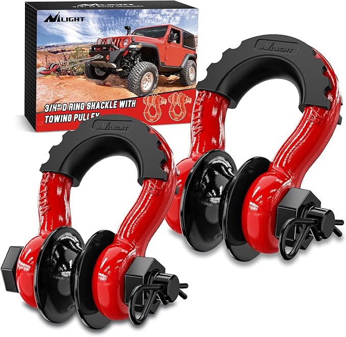 Nilight 3/4" D-Ring Shackle w/Snatch Block (2 Pack) 9,500 lb Working Load, 2-in-1 Heavy‑Duty Towing Pulley w/Isolator for Off‑Road Recovery, Winch Cable & Rope, Truck Jeep ATV UTV Tractor, Red