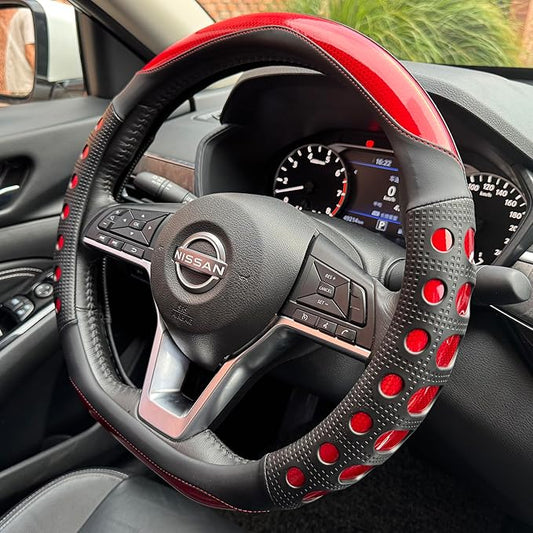 PINCTROT D Shaped Race Grip Steering Wheel Cover, Anti Slip Silicone Perforated Design with Soft Touch Padding, Enhanced Grip for Sporty Driving Flat Bottom 14.5-15 Inch (Racing Red)