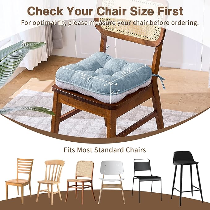 BETU Chair Cushions for Dining Chairs Set of 6,3.5" Thick Kitchen Table Chair Pads with Ties,Non Slip Backing and Covers, Seat Cushion for Dining Room,Bar,Patio Chairs,15.5"X15.5"X3.5",Smoky Blue