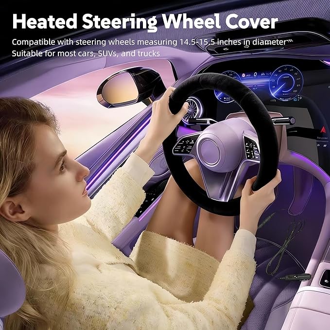 Heated Steering Wheel Cover – 12V Fast Heating PU Leather Car Wheel Warmer,Universal Fit 14.5"–15.5" for Car,SUV,Truck（Black）