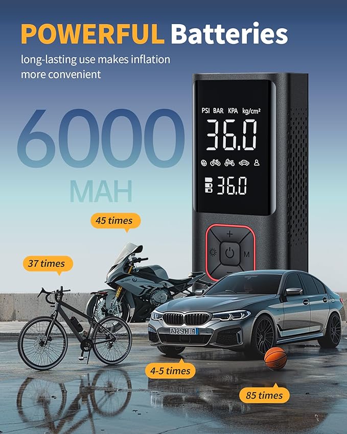 Cordless Tire Inflator 150PSI Portable Air Compressor with Auto Shutoff, Air Pump for Car Tires, Motorcycle, Bike, Balls, Inflatables, LED Light, Red, Large Capacity