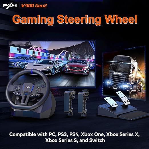 PXN PC Racing Wheel, V900 GEN2 Universal Usb Car Sim 270/900 Degree Race Steering Wheel with Pedals for PC, PS3, PS4, Xbox One, Xbox Series X/S, Switch