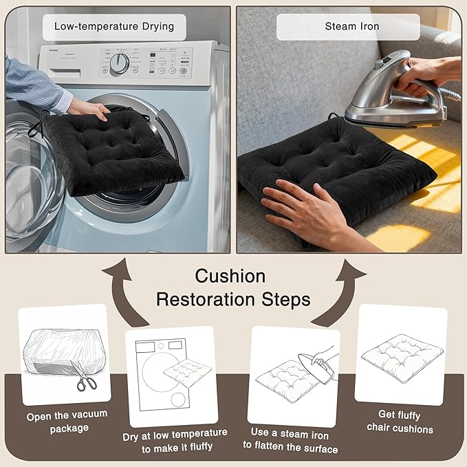 OVOV 6 Pack Chair Cushions for Dining Chairs Soft Seat Cushions for Kitchen Desk Chairs Square Chair Pads with Ties (15.5"x15.5" Black)