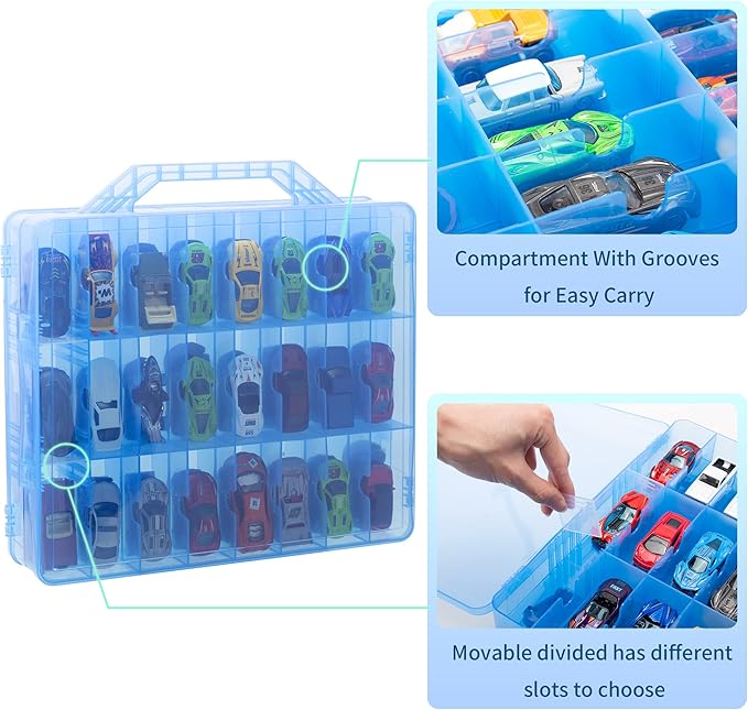KISLANE Double Sided Storage Case for 48 Cars, Matchbox Cars, Mini Toys, Small Dolls - Portable Transparent Case (Blue)