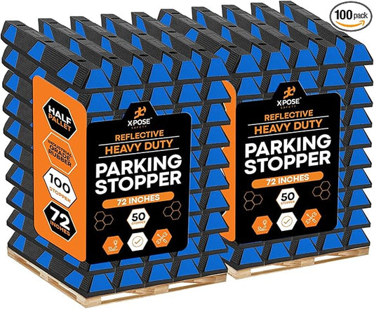 Xpose Safety 72" Heavy Duty Rubber Parking Stopper – Bulk 2 Full Pallets 100 Pack Wheel Blocks for Garage, Driveway, or Ramp – Car Bumper Stop with Blue Reflective Strips – Removable Floor Mount