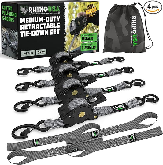 Rhino USA Retractable Ratchet Straps (4-Pack) - 1 Inch x 10 Feet (1,209lb Break Strength) - Auto Self Retracting Tie Down Straps for Truck, Cargo Trailer, Motorcycle, ATV, UTV - Gray