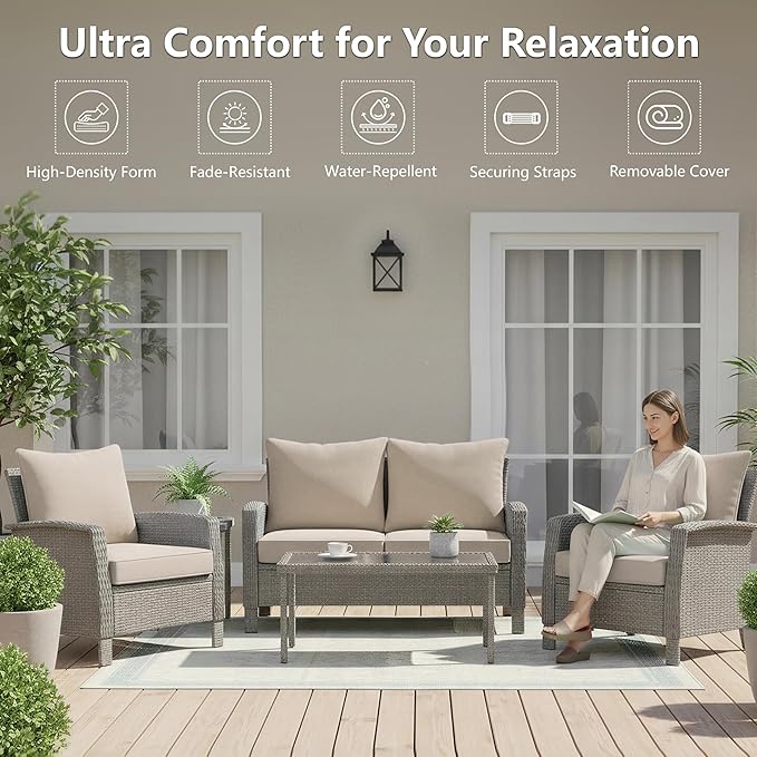 19x19 Inch Patio Chair Cushions Set of 4, Outdoor Furniture Cushions - Removable Cover, Water-Repellent, Fade-Resistant, Non-Slip Bottom & Straps, Replacement for Lawn, Porch & Deck Chair - Cream