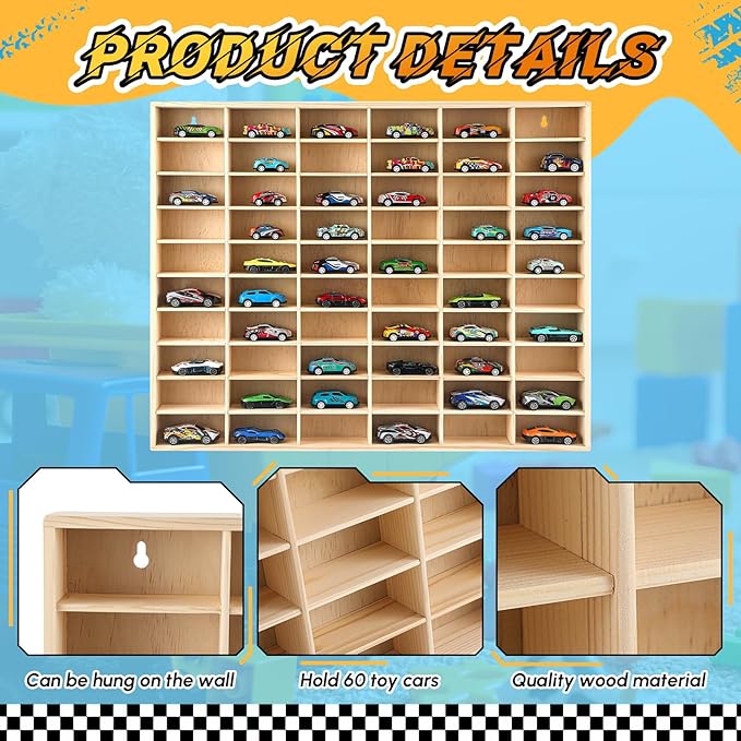 Seenelling Hot 1/64 Diecast Wheels Display Case Holds Toy Cars Wooden Wall Mount Car Display Shelf Storage Organizer Case for Toy Collectibles, Wheel, Model, 10 Layers (60 Spaces)