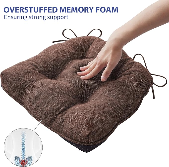 IPYNBAP Chair Cushions for Dining Chairs Set of 4, Kitchen Chair Cushions, Chair Pads with Ties and Non Slip Backing, Tufted Memory Foam Seat Cushion 4 Pack, 18" x 18" x 4", Brown