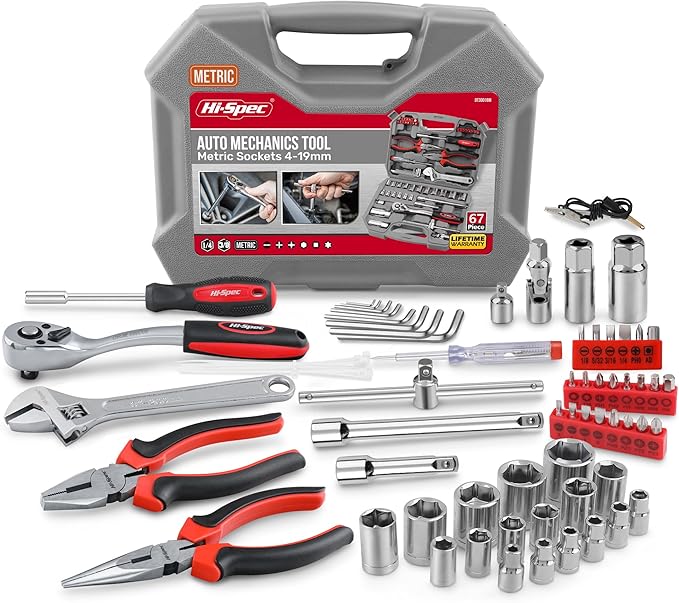 Hi-Spec 67Pc Metric Auto Mechanic Tool Set, Motorcycle & Car Tool Kit, Auto Repair with Pliers, Screwdriver Set, Socket Kit & Tool Box Storage Case for Cars, Trucks, Boats RVs & Jeeps