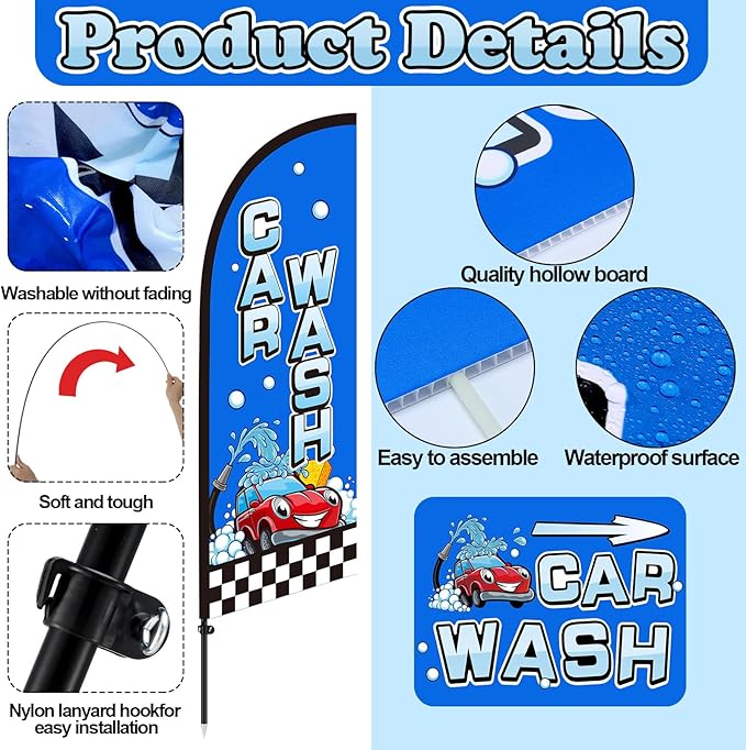Car Wash Feather Flagpole Kit Include 7 ft Banner Flag with Poles 5 Pcs Car Wash Sign and 10 Pcs Ground Stake for Outside Business Stores Shops Decoration