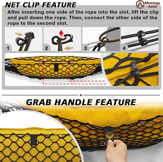 Muslogy Truck Bed Cargo Net Trunk Netting Compatible with 2021-2025 2026 Jeep Grand Cherokee L (3-Row GCL) Accessories, Pickup Cargo Organizer SUV Sedan Storage Net w/Heavy Duty Carabiners