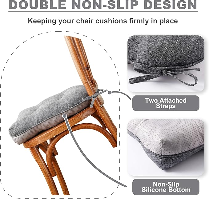 Battilo Chair Cushions Set of 4 for Dining Chairs, Seat Cushions for Kitchen Chairs with Non-Slip Backing, Indoor/Outdoor Waterproof Chair Seat Pads with Ties, 15.5"x15.5"x4", Dark Grey