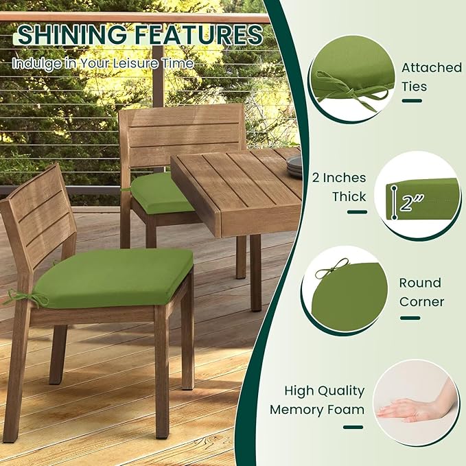 HARBOREST Outdoor Chair Cushions Set of 2, Water Resistant Patio Chair Cushions with Ties, Outdoor Seat Cushions for Patio Furniture, 17"x16"x2", Grass Green