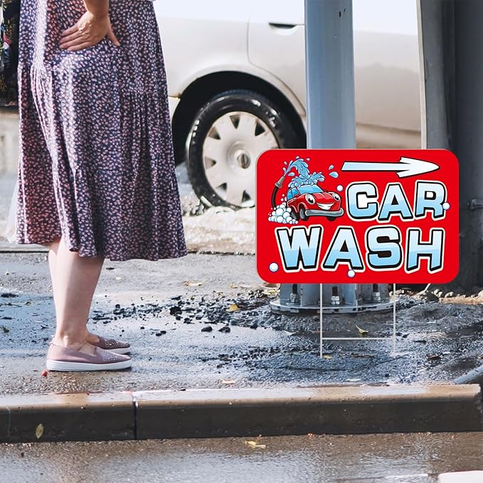Blulu 3 Pcs Car Wash Arrow Yard Signs 15.7 x 12 Inches Car Wash Sign Double Sided Yard Decoration with Stakes for Outdoor Business Advertising and Events Publicity(Red)