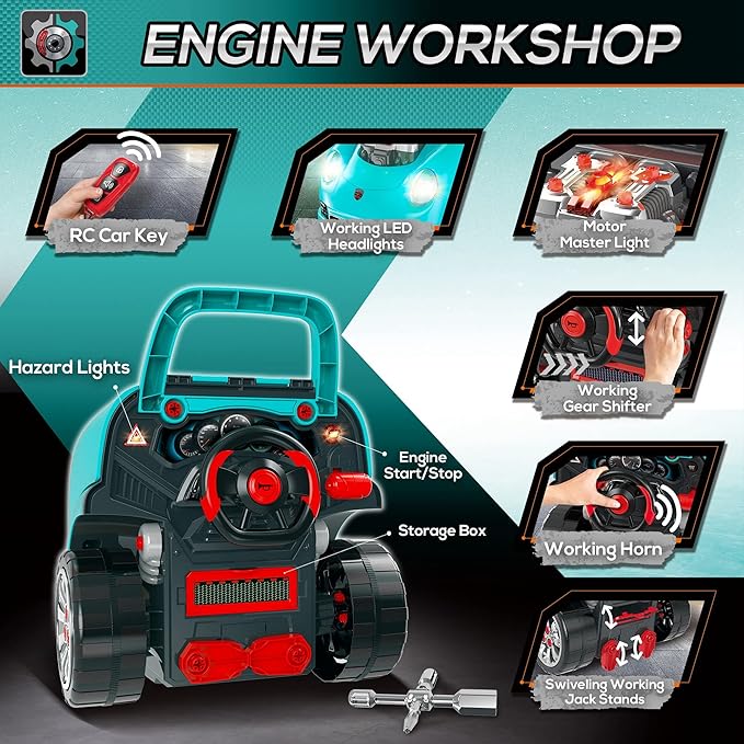 Qaba Truck Engine Toy, Kids Mechanic Set with Lights, Sounds, Steering Wheel and Horn, Pretend Car Service Station Play with 61-Piece Included for Kids Aged 3+, Blue