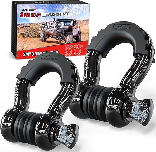 Nilight - 90052B 2 Pack 3/4" D-Ring Shackle 4.75 Ton (9500 Lbs) Capacity with 7/8" Pin Heavy Duty Off Road Recovery Shackle with Isolators & Washer Kit for Jeep Truck Vehicle , Black