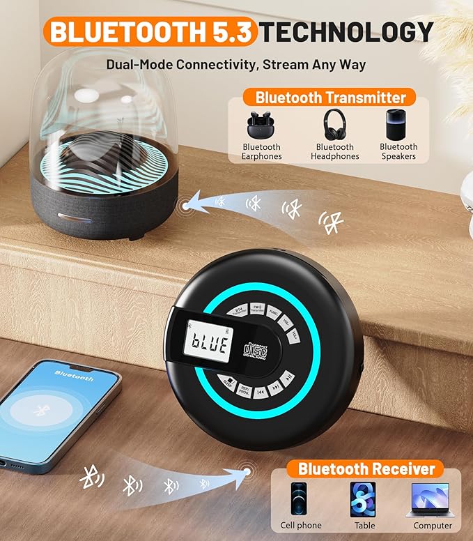 Portable CD Player with Speaker Bluetooth Discman for Car with FM Transmitter Rechargeable Lightweight Anti-Skip Protection Repeat Headphones AUX/USB LCD Display RGB Light Gifts Kids Student