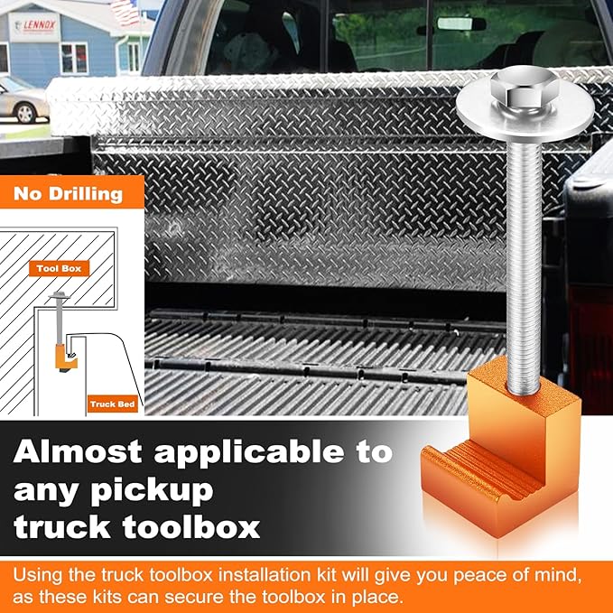 Upgraded Truck Tool Box Mounting Kit Comes with Fastening Nuts - Aluminum Pickup Truck Bed Toolbox Mounting Kit - Universal Truck Tool Box Tie Downs Accessories - J-Hooks Crossover Fixed Kit - Orange