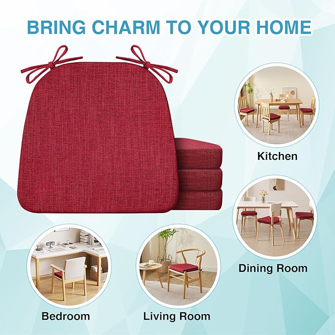 IASEAHK Chair Cushions for Dining Chairs Set of 6, Non Slip Kitchen Chair Pads, 17" x 16" x 2", Indoor Dining Chair Cushions with Ties, D-Shaped Seat Cushions for Kitchen Chairs, Red