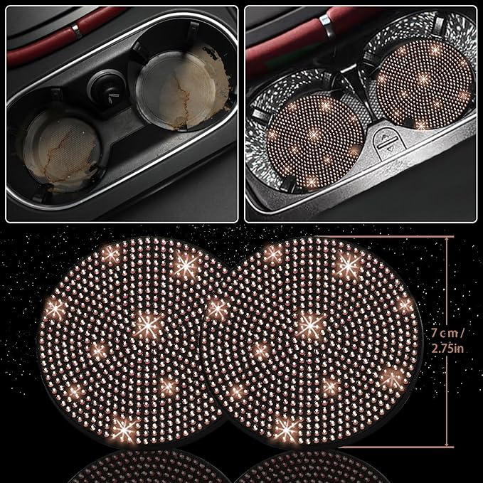 NBTEPEM 12 Pcs Bling Car Accessories Set for Women Car Floor Mats Full Set Steering Wheel Cover Seat Belt Covers Coasters Universal Fit Car SUV Truck Van Gold
