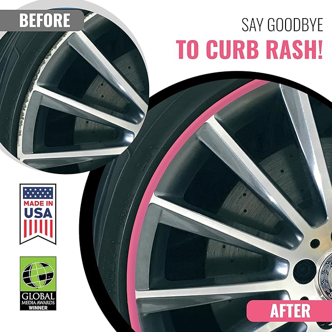 All-Fit Automotive Rim Trim – Durable DIY Car Exterior Accessories for Curb Rash Protection – Fits Up to Four 24” Wheels – Flexible, Durable Wheel Rim Protector (3/8″ width/Pink)
