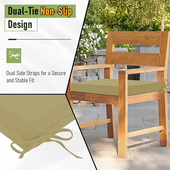 Basic Beyond Outdoor Chair Cushions Set of 2, Square Corner Outdoor Cushions for Patio Furniture, Water Resistant Patio Chair Cushions with 2 Ties, 18.5x16x3, Khaki