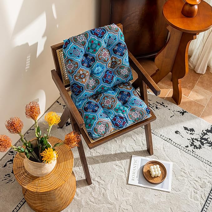 vctops Boho Geometric Chair Cushions with Ties U-Shaped Soft Cozy Cotton Linen Chair Pads Non Slip Seat Cushions for Indoor Dining Room and Kitchen Chairs (Blue,18"x18")