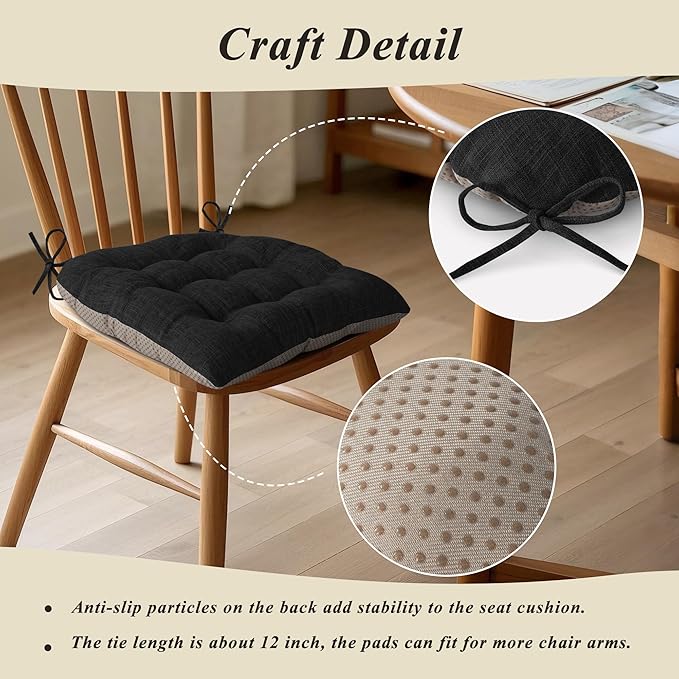 Chair Cushions for Dining Chairs Set of 2 Durable D-Shaped Seat Cushions with Non-Slip Backing Secure Ties Thick Cozy Seat Pad for Kitchen Dining Room Office(18x16.5x3in Black)