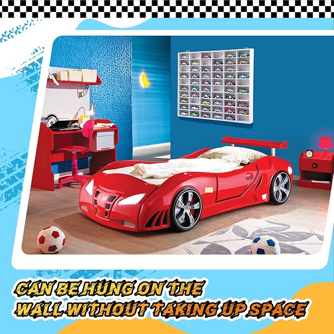 Seenelling Wooden Display Case for Hot Diecast Wheels, 60 Spaces, Wall Mount, 1/64 Scale, Toy Car Storage Display Shelf, Model Car Storage Organizer, Cabinet for Model Collectible (White,Classic)