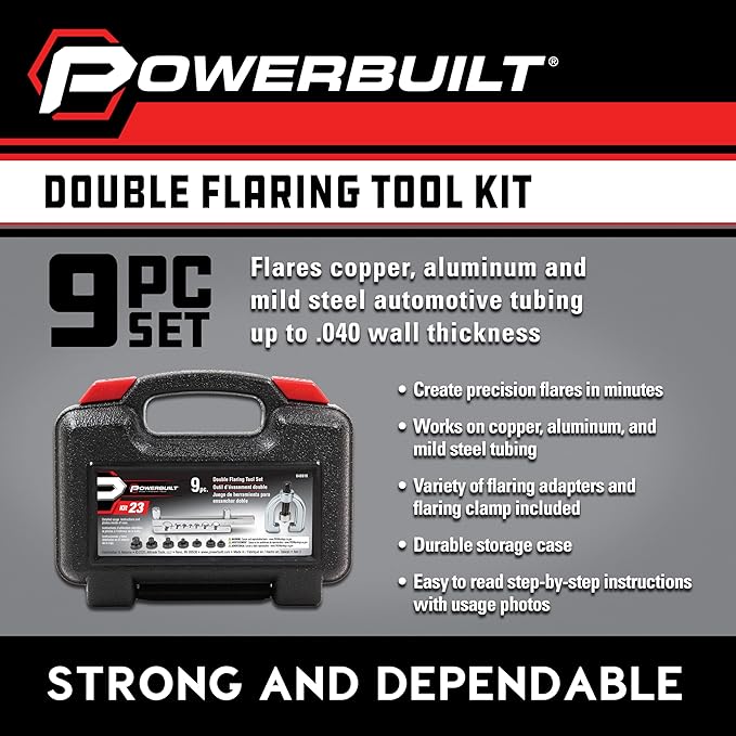 Powerbuilt 9 Piece Double Flaring Tool Set, Use on Copper, Aluminum, Soft Steel Brake Line and Brass Tubing, Storage Case - 648610