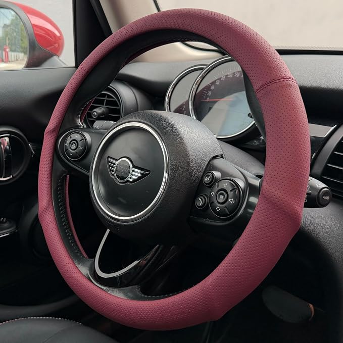 PINCTROT Large Size Nappa Leather Steering Wheel Cover with Ergonomic Palm Support Grip, Full Perforated Breathable, Slim Fit No Bulk Design,15.5-15.75 Inch(Burgundy Red)