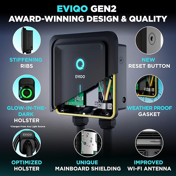 EVIQO Level 2 EV Charger, 40 Amp 240V, J1772 for Non-Tesla EVs, 25ft Cable, WiFi (2.4GHz) Smart App, Weatherproof Indoor/Outdoor (IP66, NEMA 4), UL & ETL Certified, NEMA 14-50 Plug-in, 9.6kW