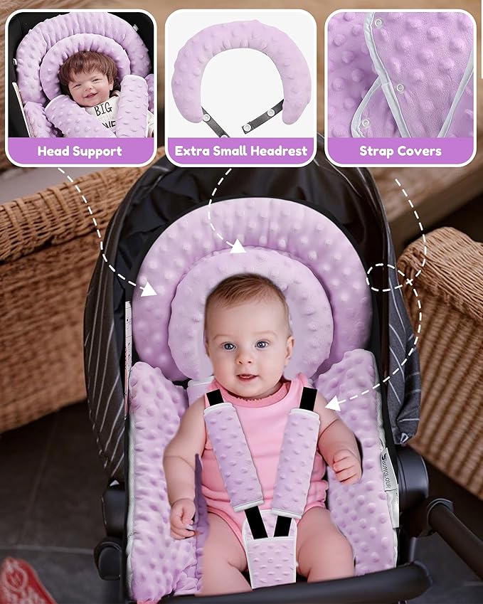 BOMOLOUR Infant Car Seat Insert with Removable Cushion for Baby Preemie Newborn Infant, Reversible carseat Insert Head Body Support Fits for Stroller, Baby Swing, Rocker, Bouncer, Bassinet - Purple