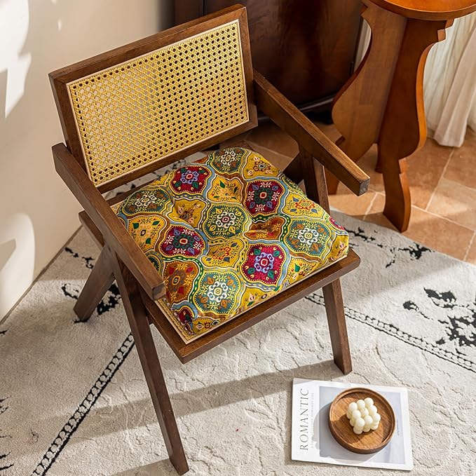 vctops Boho Geometric Chair Cushions with Ties U-Shaped Soft Cozy Cotton Linen Chair Pads Non Slip Seat Cushions for Indoor Dining Room and Kitchen Chairs (Yellow,16"x16")