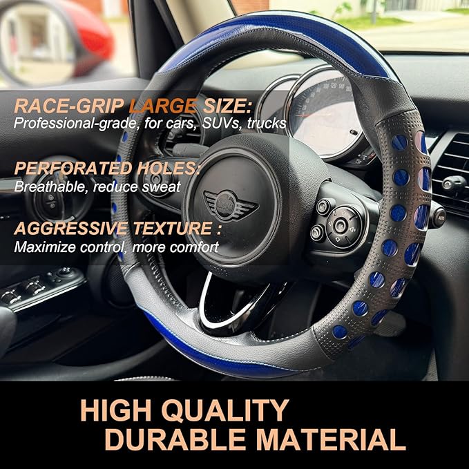 PINCTROT Large Size Race Grip Steering Wheel Cover, Anti Slip Silicone Perforated Design with Soft Touch Padding, Enhanced Grip for Sporty Driving 15.5-15.75 Inch (Racing Blue)