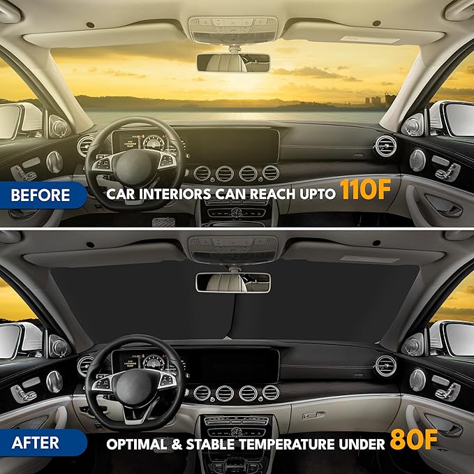 EcoNour 2 Piece Foldable Car Windshield Sun Shade – UV & Heat Protection, Interior Cooling, Durable Upgraded Design, Easy Fold, Front Window Sunshade - Medium (31" L x 28" W)
