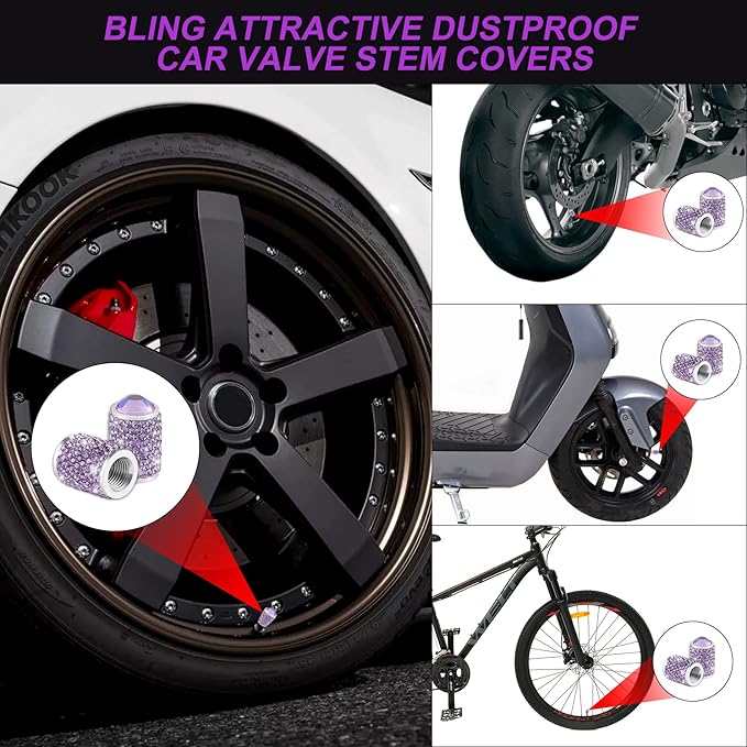 Alpmosn Car Wheel Tire Valve Caps, 4 PCS Bling Tire Valve Caps, Crystal Tire Caps Shinny Rhinestone for Women, Universal Car Dustproof Tire Valve Caps for Cars, Trucks, SUV and Motorcycles (Purple)