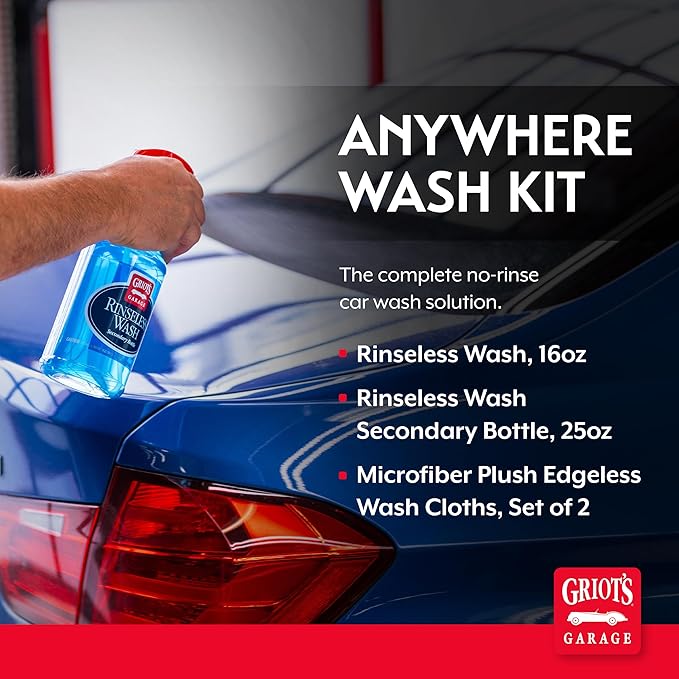 Griot's Garage Anywhere Wash Kit, Vehicle Cleaning Supplies, Includes Rinseless Wash, 16 Oz, Secondary Bottle, 25 Oz, Microfiber Plush Edgeless Wash Cloths, Set of 2