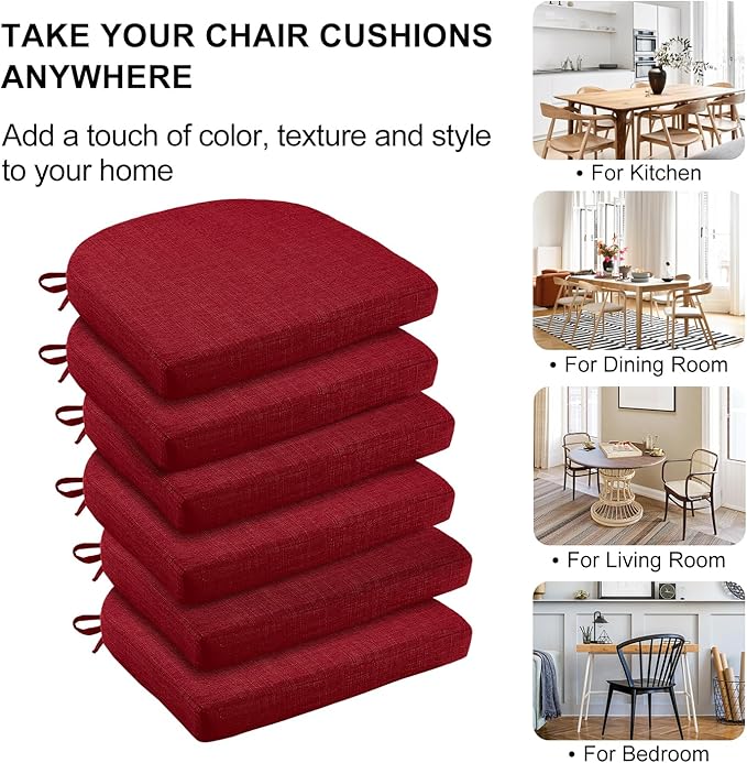 Wellsin Chair Cushions for Dining Chairs 6 Pack - Kitchen Chair Cushions with Ties and Non-Slip Backing - Dining Chair Pads 16"X16"X2", Red