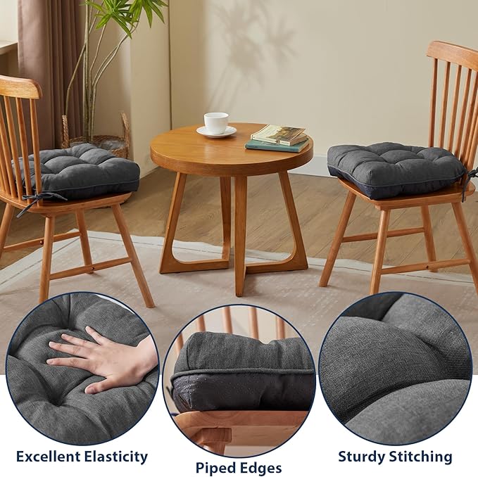 IASEAHK Chair Cushions for Dining Chairs, Seat Cushions for Kitchen Chairs, Indoor Seat Cushions with Ties, Tufted Foam Chair Pads, Non Slip Chair Cushions Set of 4, 15.5" x 15.5" x 4", Dark Grey