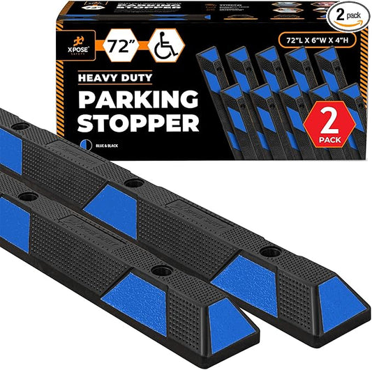 Xpose Safety 72" Heavy Duty Rubber Parking Stopper – 2 Pack Wheel Blocks for Garage, Driveway, or Ramp – Car Bumper Stop with Blue Reflective Strips – Removable Floor Mount
