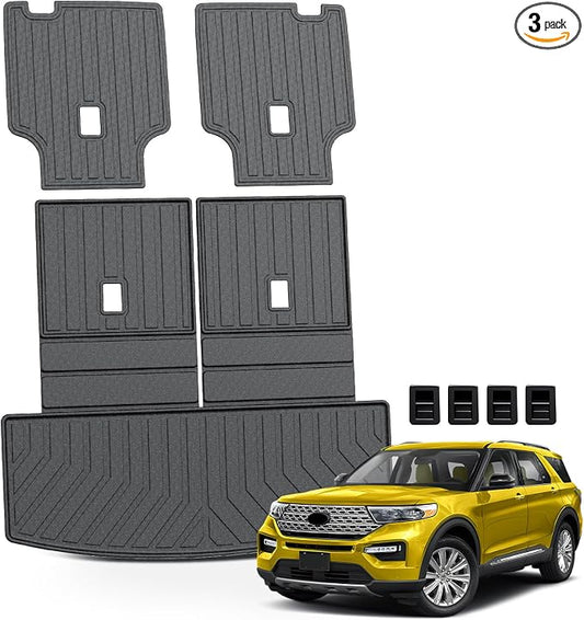 KUST Trunk Cargo Mat for Ford Explorer 2020-2025 2026 (6 Seats), TPE Rubber Rear Cargo Liner with 2nd/3rd Row Backrest Mat for Explorer Accessories All Weather Back Seat Protector Cover