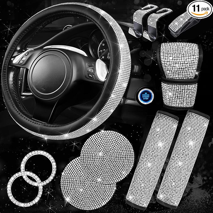 CAR PASS 11 PCS Bling Diamond Car Accessories for Women, Sparkly Rhinestone Steering Wheel Cover, Bling Seat Belt Cushion, Glitter Shift Knob Cover, Car Cup Holder Coaster, Cute Interior Sets Silver