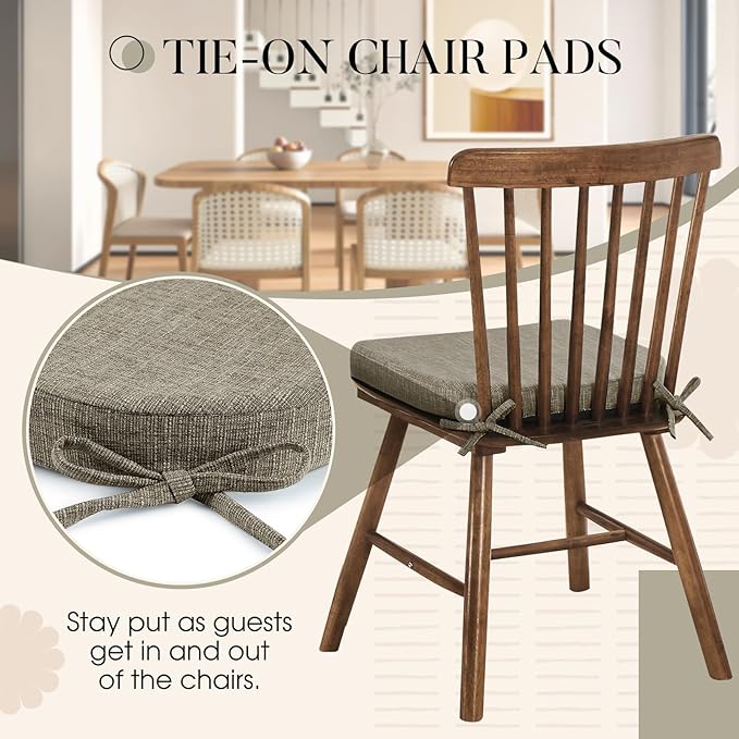 Basic Beyond Chair Cushions for Dining Chairs 6 Pack, Kitchen Chair Cushions with Ties and Non Slip Backing, 16 x 16 inches Chair Pads for Dining Chairs (Khaki)
