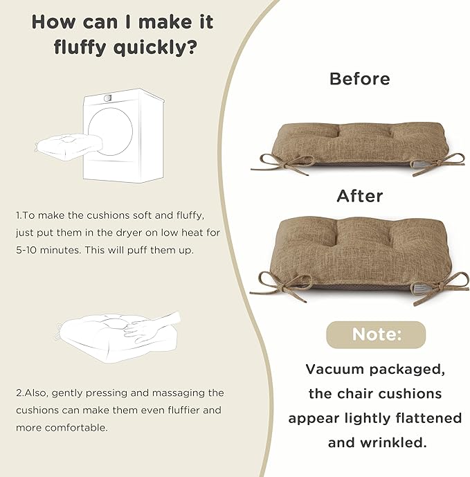 AddGrace Chair Cushions for Dining Chairs Set of 4 Kitchen Seat Cushions with Ties and Non Slip Backing Tufted Indoor Seat Pad for Kitchen Dining Room 18" x 17" x 3" Light Brown