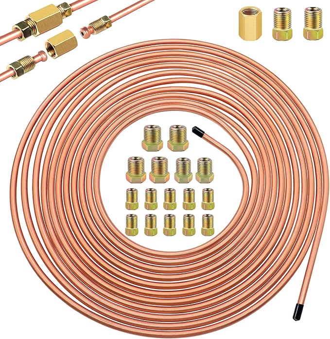3/16inch x 25 ft Brake Line Tubing Kit Flexible Copper Coated Alloy Brake Line Tubing Coil with 18 Inverted Flare Fittings and 1 Unions SAE Standard