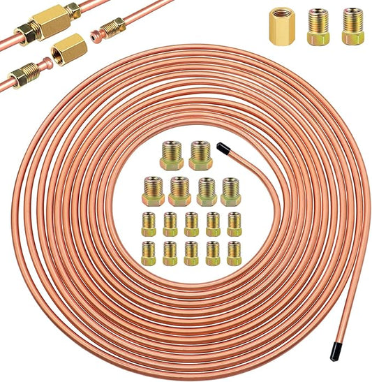 3/16inch x 25 ft Brake Line Tubing Kit Flexible Copper Coated Alloy Brake Line Tubing Coil with 18 Inverted Flare Fittings and 1 Unions SAE Standard
