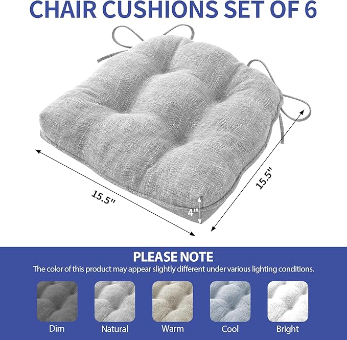 IPYNBAP Chair Cushions for Dining Chairs Set of 6, Kitchen Chair Cushions, Chair Pads with Ties and Non Slip Backing, Tufted Memory Foam Seat Cushion 6 Pack, 15.5" x 15.5" x 4", Light Gray