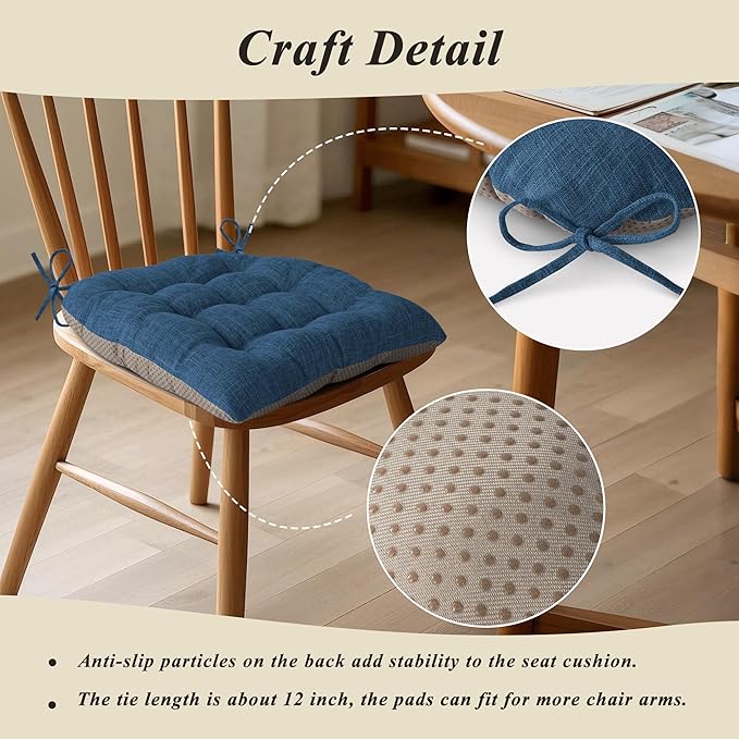 Chair Cushions for Dining Chairs Set of 4 Durable D-Shaped Seat Cushions with Non-Slip Backing Secure Ties Thick Cozy Seat Pad for Kitchen Dining Room Office(18x16.5x3in Navy)